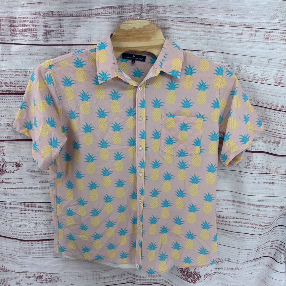 Simply Southern Shirt Mens Large Pink Pineapple Print Short Sleeve Button Up